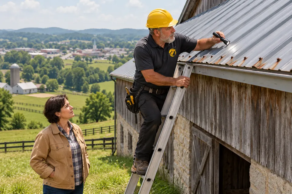 Roofer inspecting a metal barn roof before an acrylic coat