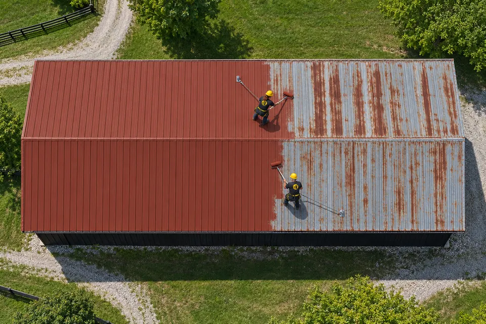 Aerial view of a metal barn roof in Clark County, KY