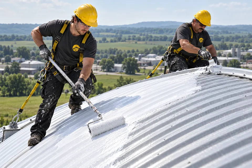Roofing crew applying coating to a commercial metal roof near Winchester, KY
