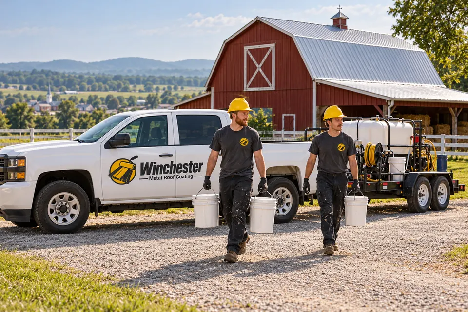 Roof coating truck and crew before a roof walk in Winchester, KY