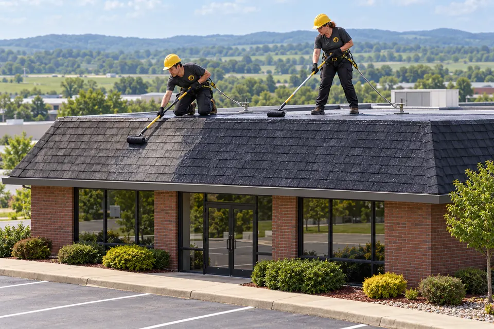 Crew working on a commercial shingle roof