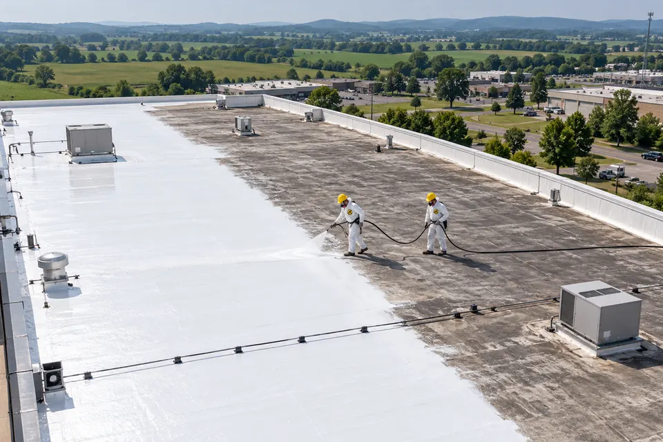 Aerial view of a commercial roof with a silicone coating